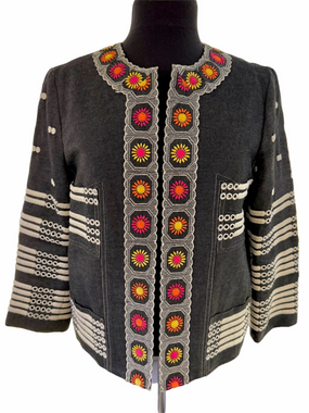 Anna Sui Black Denim Floral Embroidered Open Front Cropped Jacket Lined Size 10